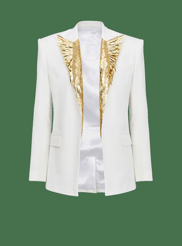 Men's Balmain Blazer Embroidered With Gold Feathers Blazers White | USA lzG1vAXA