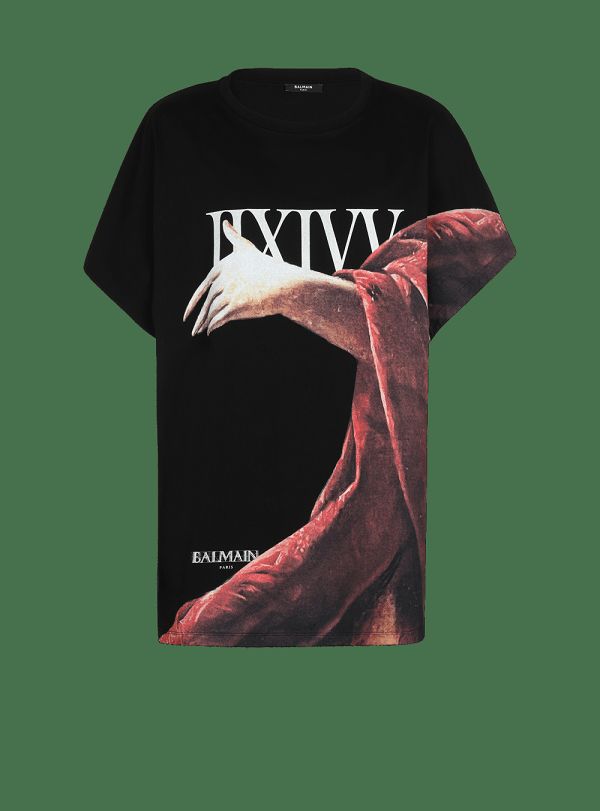 Men's Balmain Boxy Fit Statue Print T Shirts Black | USA rx4zkIjw