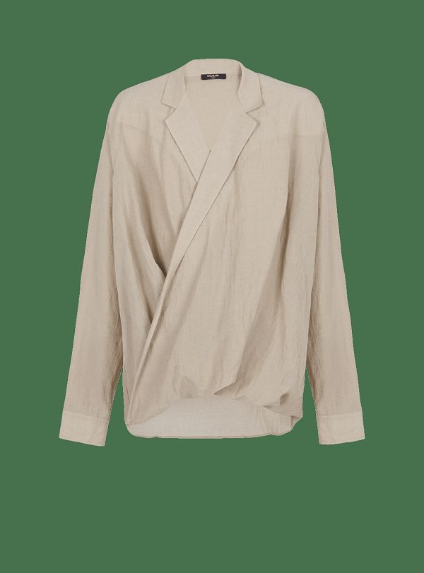 Men's Balmain Cotton And Linen Draped Shirts Beige | USA S3J8RPgM