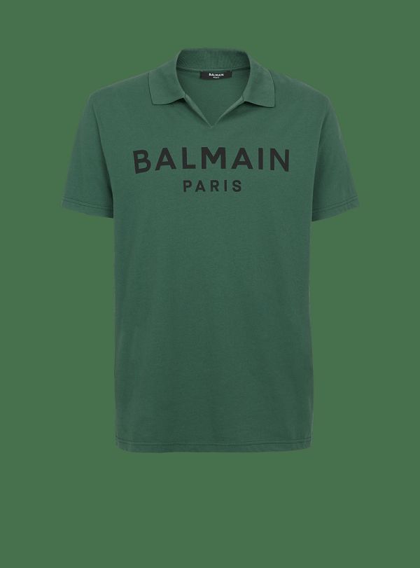 Men's Balmain Cotton Polo With Black Logo Print Shirts Green | USA 7VTWrARl