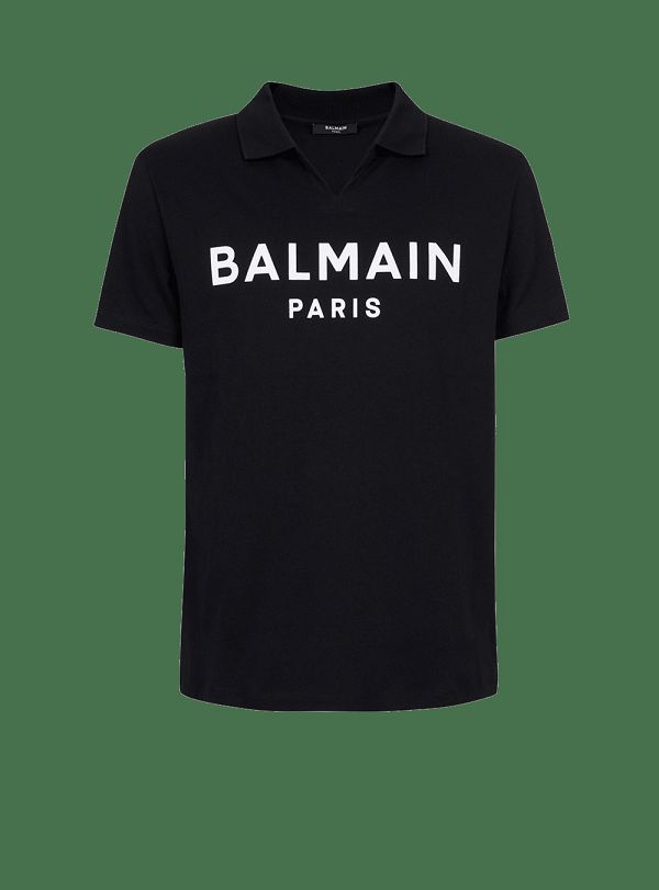 Men's Balmain Cotton Polo With Black Logo Print Shirts Black | USA UEA56eZB