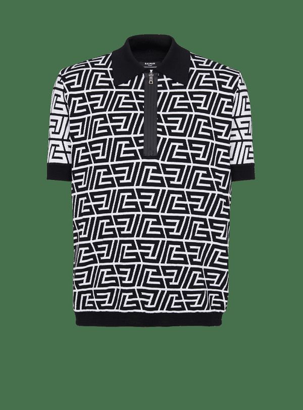 Men's Balmain Cotton Polo With Pyramid Monogram Shirts Black | USA paTqZcqQ