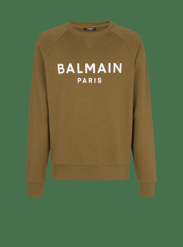 Men's Balmain Cotton Printed Logo Sweatshirts Khaki | USA BQmJKbOU