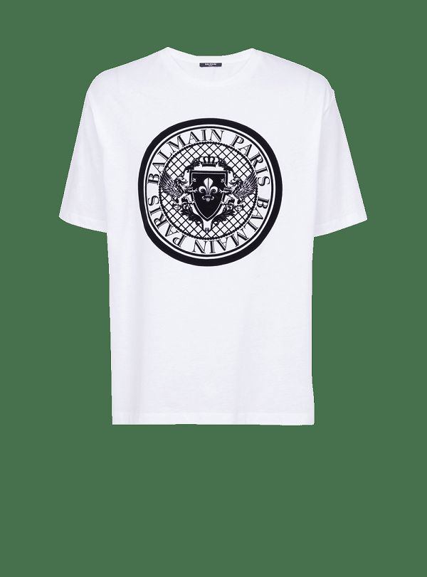 Men's Balmain Cotton With Flocked Medallion T Shirts White | USA dB7fqcGO