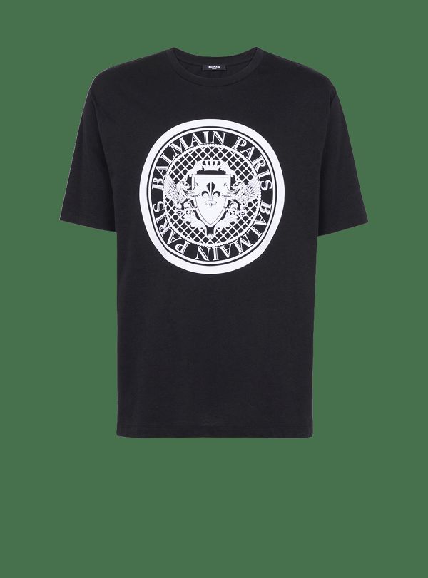 Men's Balmain Cotton With Flocked Medallion T Shirts Black | USA e9YX6cFH