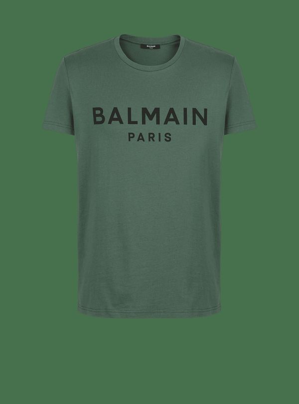 Men's Balmain Eco-designed Cotton With Paris Logo Print T Shirts Green | USA A6sfggQf