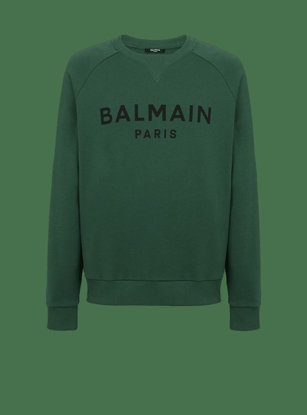 Men's Balmain Eco-designed Cotton With Paris Metallic Logo Print Sweatshirts Green | USA URqHwMpz