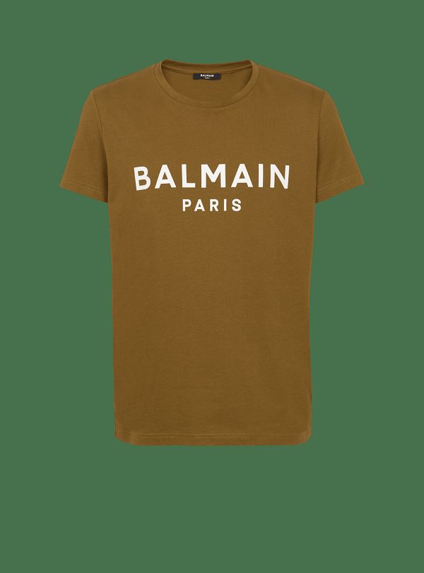 Men's Balmain Eco-responsible Cotton With Logo Print T Shirts Khaki | USA T2ltrA9V