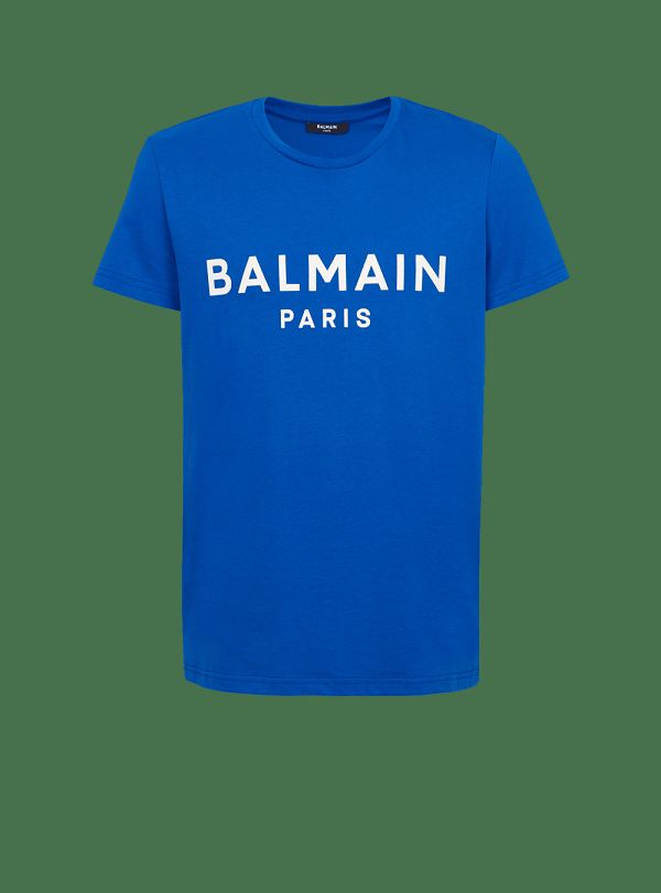 Men's Balmain Eco-responsible Cotton With Logo Print T Shirts Blue | USA XZ5rTKl4