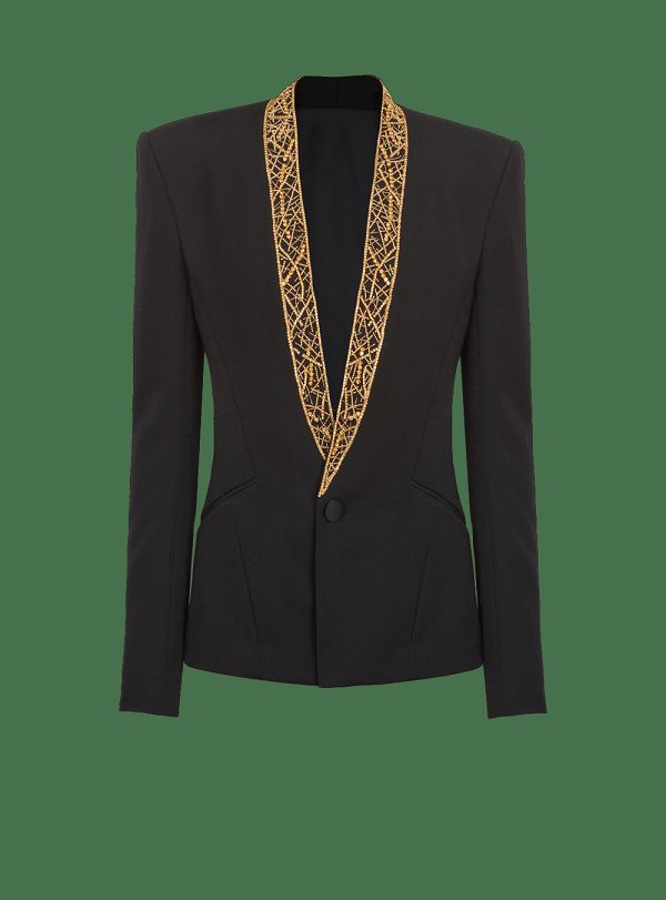 Men's Balmain Embroidered Collarless Jackets Black | USA UUGUNdz3