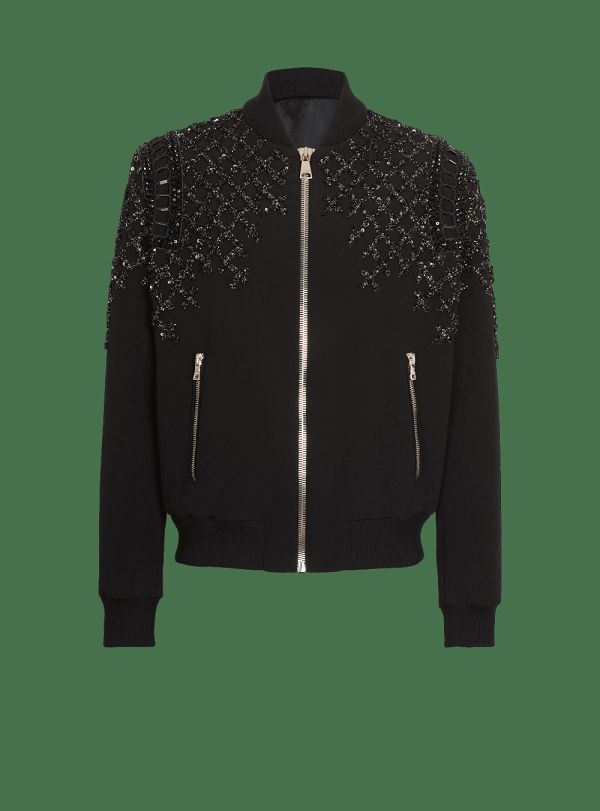 Men's Balmain Embroidered Crepe Bomber Jackets Black | USA QRTKhBA8