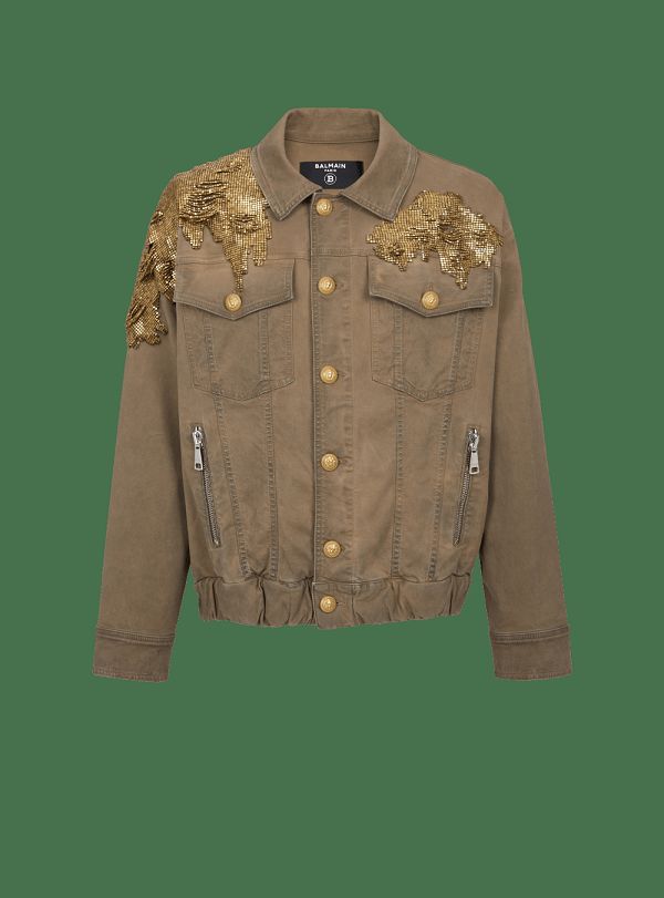 Men's Balmain Embroidered Denim Jackets Khaki | USA w7SpMq7k