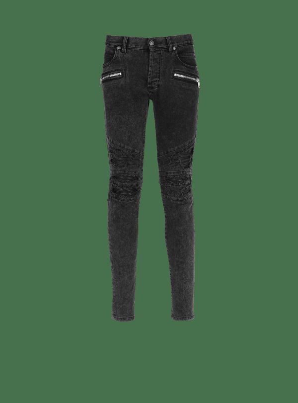 Men's Balmain Faded Faux Leather Slim Jeans Black | USA ku9jqI8y