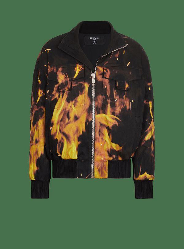 Men's Balmain Fire Print Denim Bomber Jackets Orange | USA TOYqJdpI