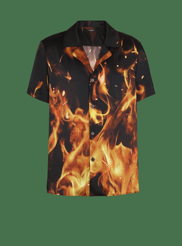 Men's Balmain Fire Print Pyjama-style Shirts Orange | USA qLCpMItP