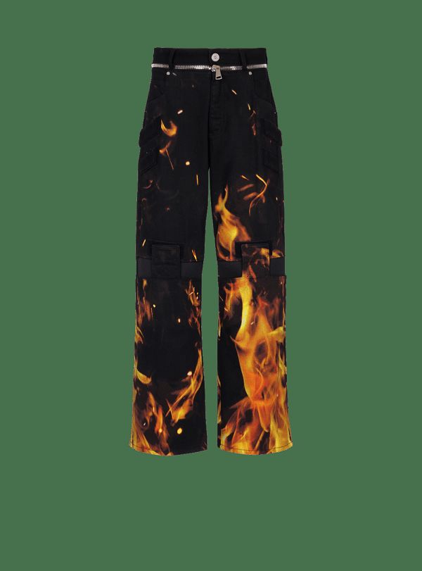 Men's Balmain Fire Print With Inserts Jeans Orange | USA gyyUHbbW