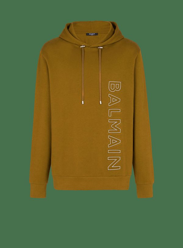 Men's Balmain Hoodie In Eco-responsible Cotton With Reflective Logo Sweatshirts Khaki | USA HJajOXyG