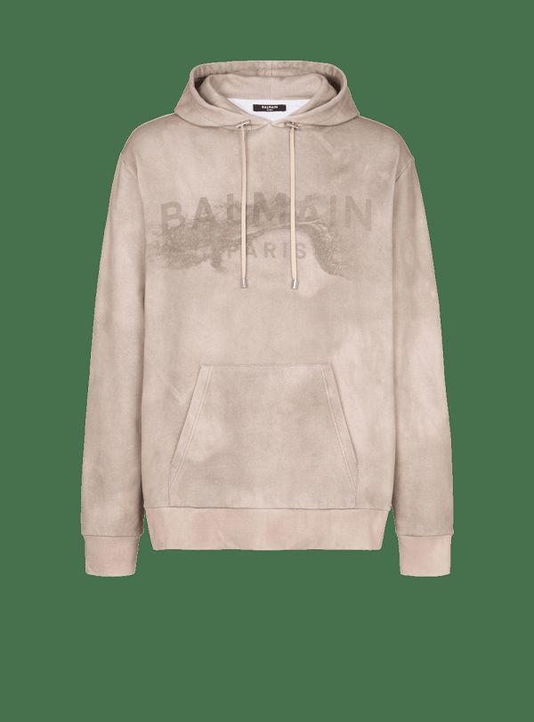 Men's Balmain Hoodie In Eco-responsible Cotton With Paris Desert Logo Print Sweatshirts Beige | USA WaShhqDP