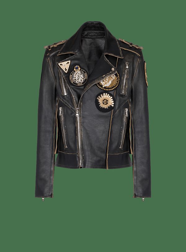 Men's Balmain Leather Biker With Embroidered Badges Jackets Black | USA 3z0Ic5XJ