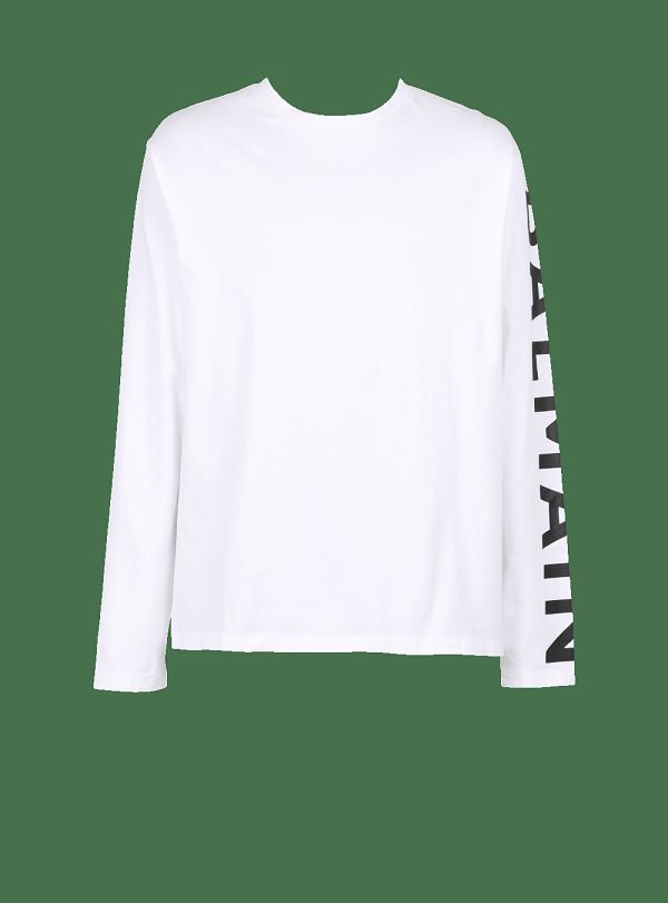 Men's Balmain Long-sleeved Cotton With Signature On Sleeve T Shirts White | USA wiBqKx6W