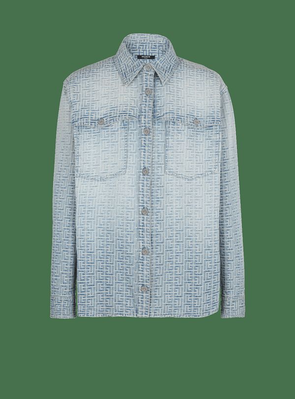 Men's Balmain Monogrammed Denim Shirts Blue | USA Gbq4FmEh