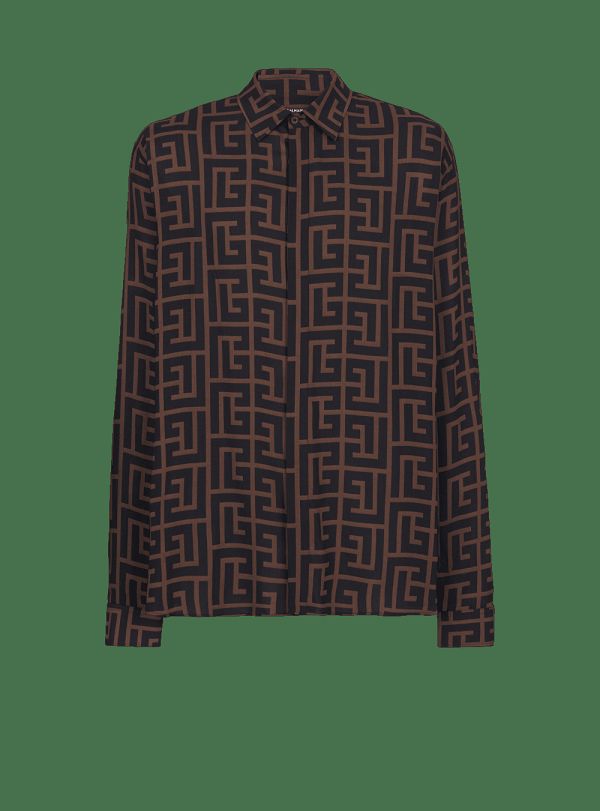 Men's Balmain Monogrammed Flowing Shirts Brown | USA cYSxhG03