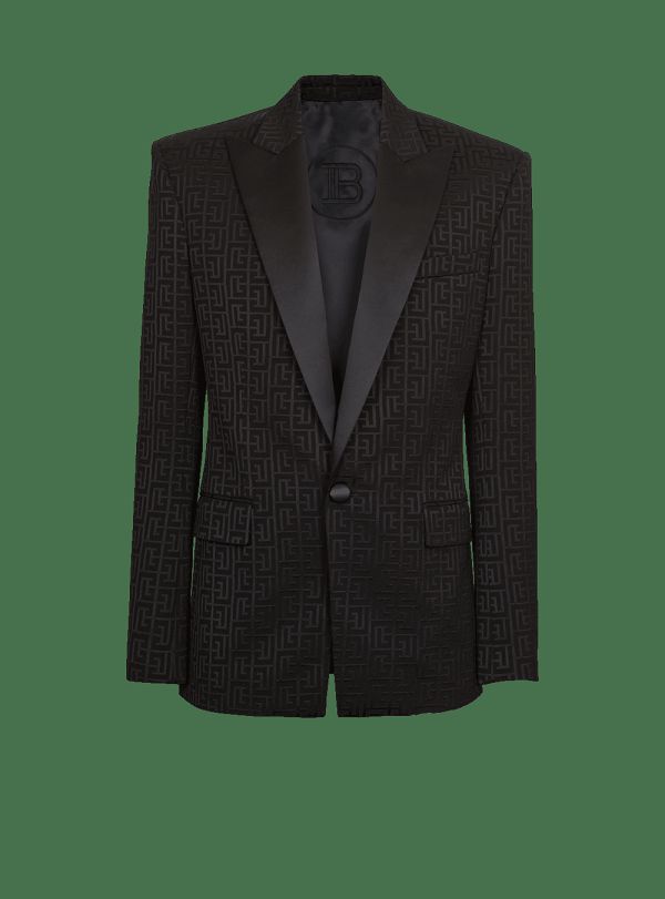 Men's Balmain Monogrammed Jacquard Tuxedo Jackets Black | USA kONj51tL