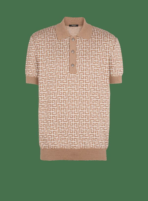 Men's Balmain Monogrammed Knitted Polo Shirts Beige | USA 9WLda7fO