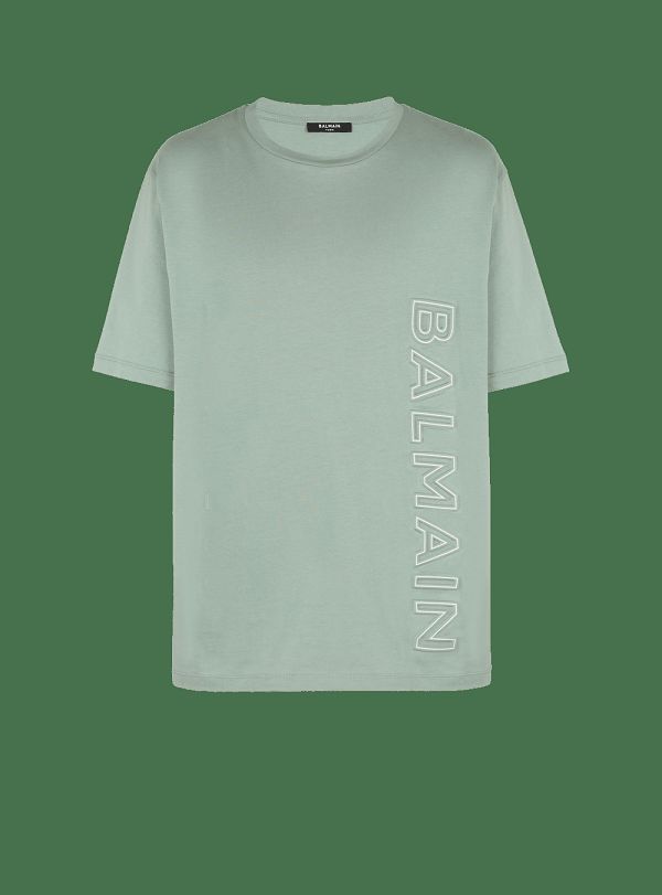 Men's Balmain Oversized Embossed Logo T Shirts Green | USA 8OYeTcaX