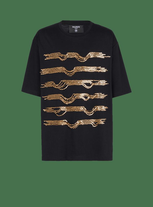 Men's Balmain Oversized Embroidered Cotton With Destroy Stripes T Shirts Gold | USA FdsSgoQg