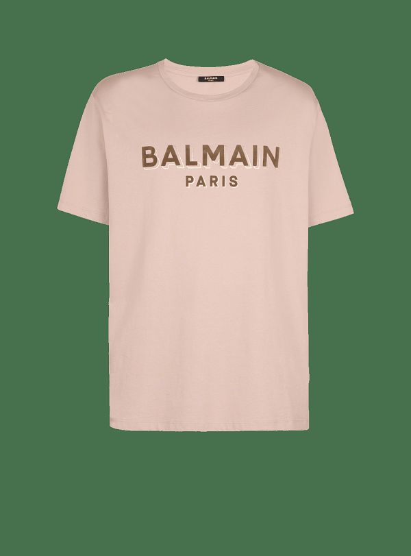 Men's Balmain Oversized Flocked Logo T Shirts Brown | USA OJXglUZq