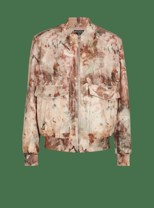 Men's Balmain Pastel Print Leather Bomber Jackets Multicolor | USA hAdPIsoD