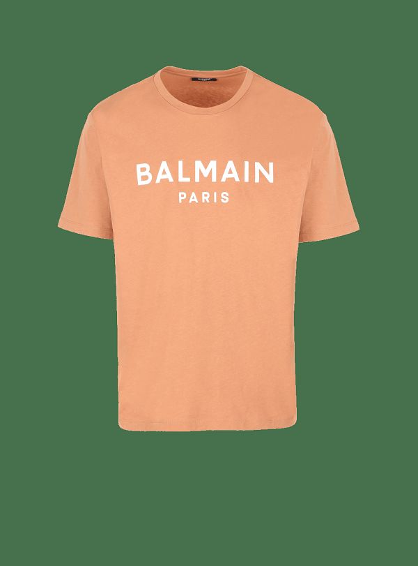 Men's Balmain Printed Logo T Shirts Brown | USA aXbFEhJD