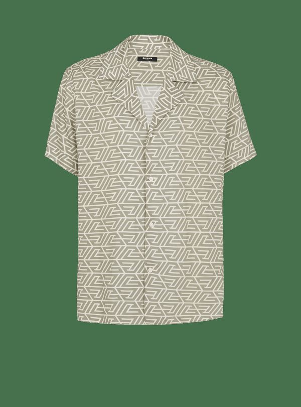 Men's Balmain Shirt With Printed Pyramid Monogram Shirts Khaki | USA EsXUvXha