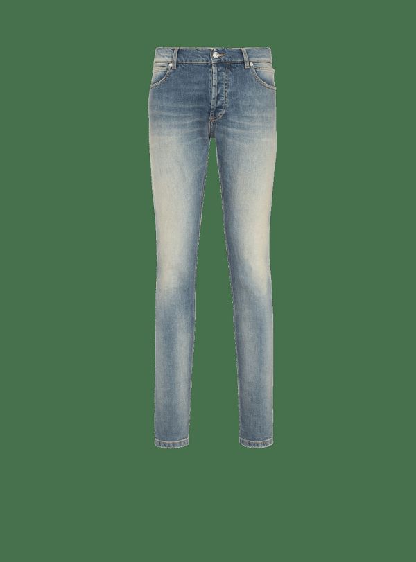 Men's Balmain Slim Cut Faded Cotton Jeans Blue | USA 83K5alT0