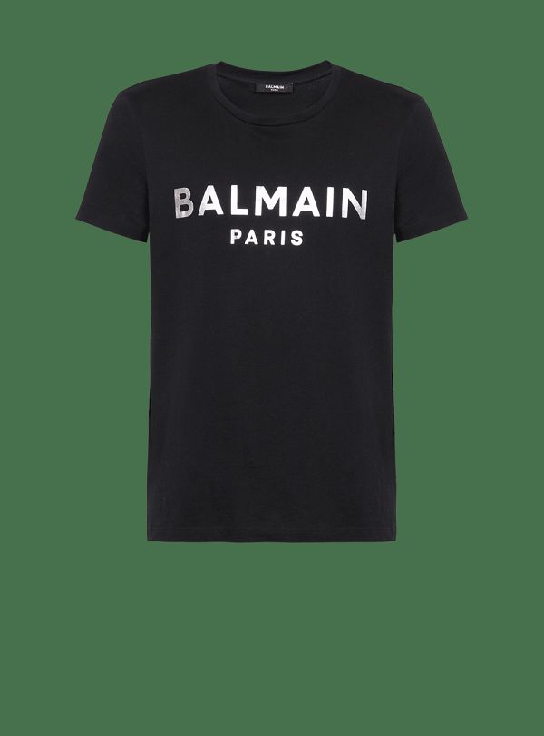 Men's Balmain T-shirt In Eco-responsible Cotton With Metallic Logo Print T Shirts Silver | USA 72Dsonzn