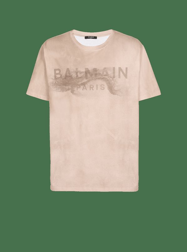 Men's Balmain T-shirt In Eco-responsible Cotton With Paris Desert Logo T Shirts Beige | USA k0mFJebp