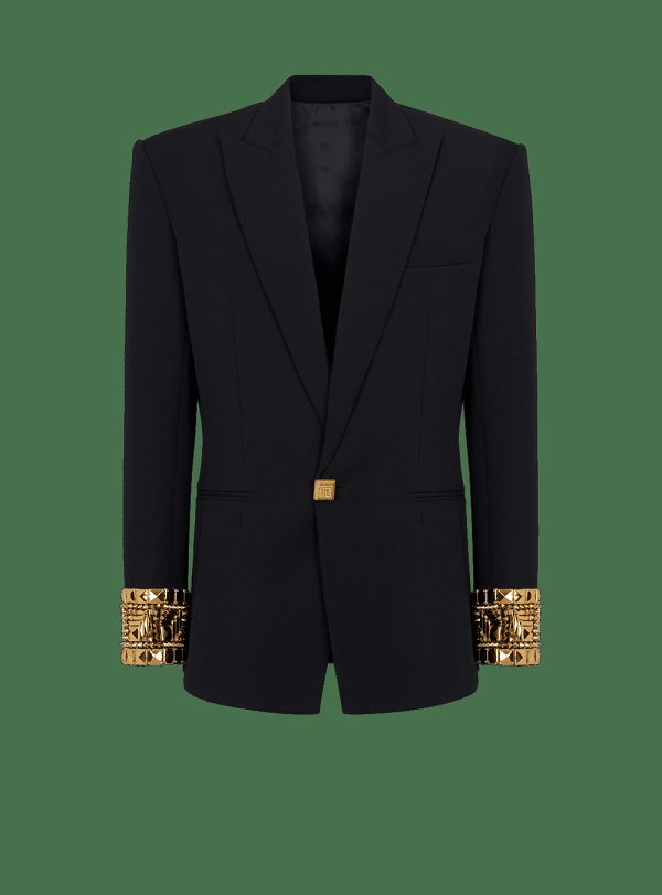 Men's Balmain Wool Embroidered With Pyramid Studs Blazers Black | USA YJ4Lax15