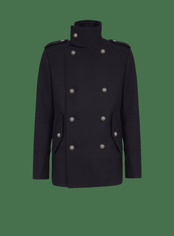 Men's Balmain Wool Military Pea With Double-breasted Silver-tone Buttoned Fastening Jackets Black | USA szG4LiKI