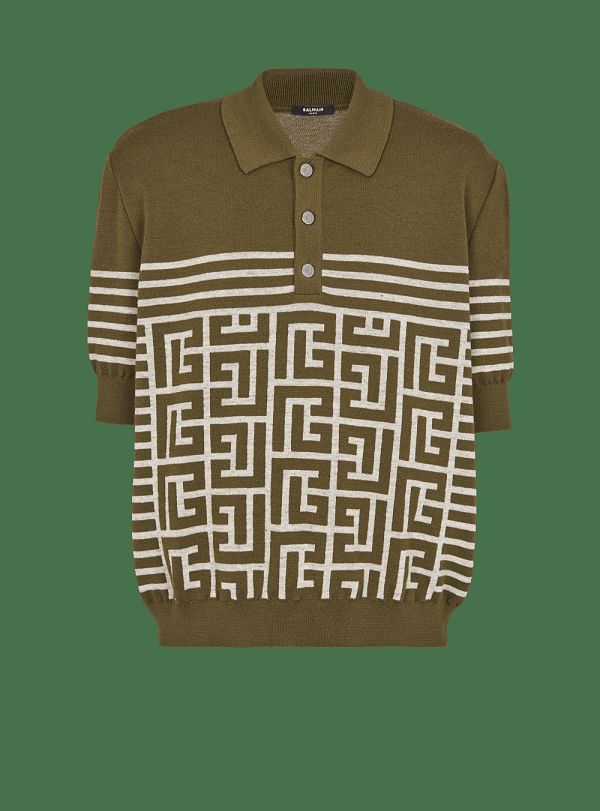 Men's Balmain Wool Polo With Monogram And Stripes Shirts Khaki | USA qxjHGKOT