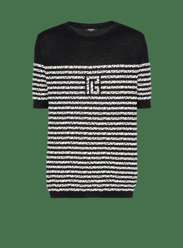 Men's Balmain Wool With Marbled Stripes T Shirts Black | USA NLAmWypJ