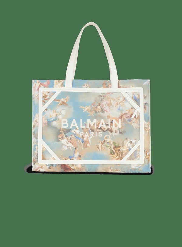 Women's Balmain B-Army 42 In Sky Print Canvas With Leather Details Tote Bags Multicolor | USA mMR0TPna