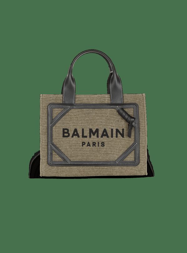 Women's Balmain B-Army Small Canvas Shopping With Leather Inserts Tote Bags Khaki | USA fWZmoRDo