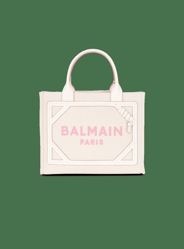 Women's Balmain B-Army Small Canvas With Leather Details Tote Bags Beige | USA McXTacvF