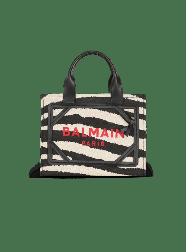 Women's Balmain B-Army Small Zebra Print Canvas Shopping With Leather Inserts Tote Bags Black | USA 6fnHdCDa