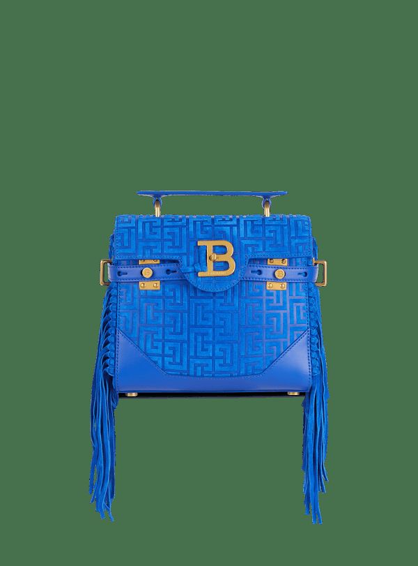 Women's Balmain B-Buzz 23 Fringed With Suede Embossed Monogram Handbag Blue | USA ERkTaTyl