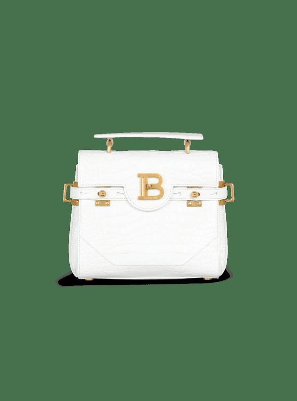 Women's Balmain B-Buzz 23 In Crocodile Effect-embossed Leather Handbag White | USA gm4boLJN