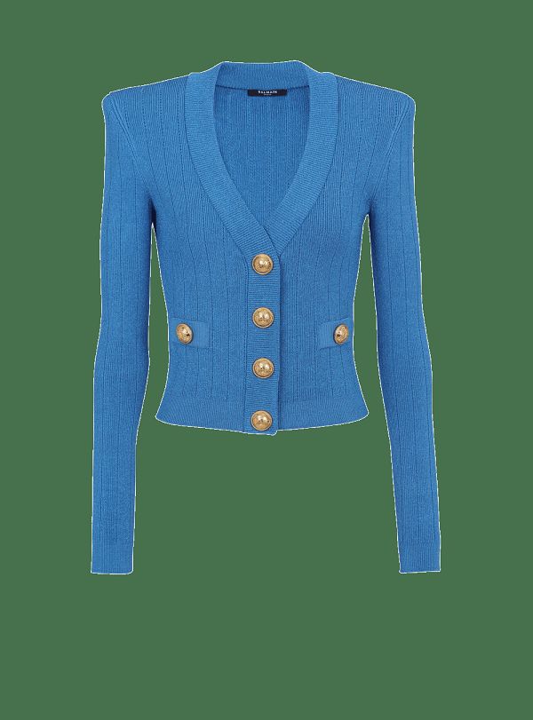 Women's Balmain Buttoned Cropped Knitted Cardigan Blue | USA i534F50A