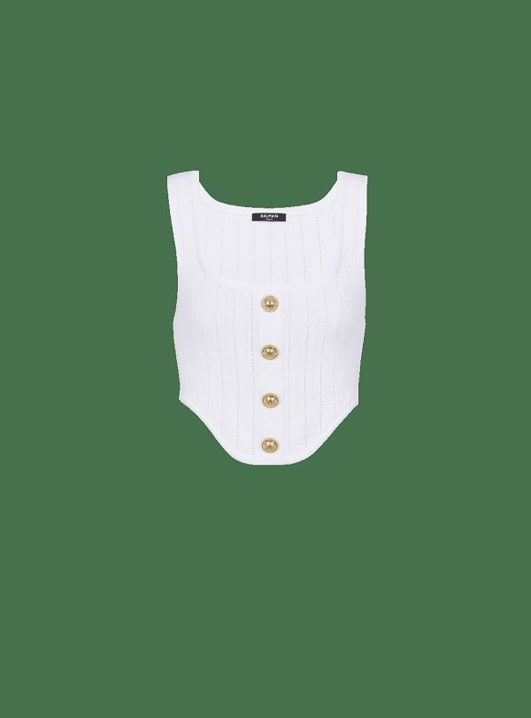 Women's Balmain Buttoned Knitted Corset Tops White | USA wyCLaQpo