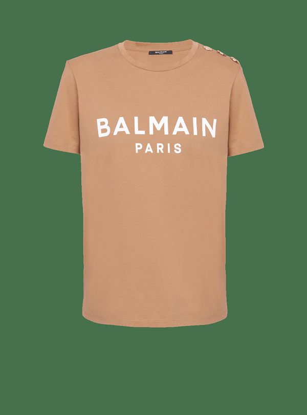 Women's Balmain Buttoned Printed Logo T Shirts Brown | USA z08abY3v